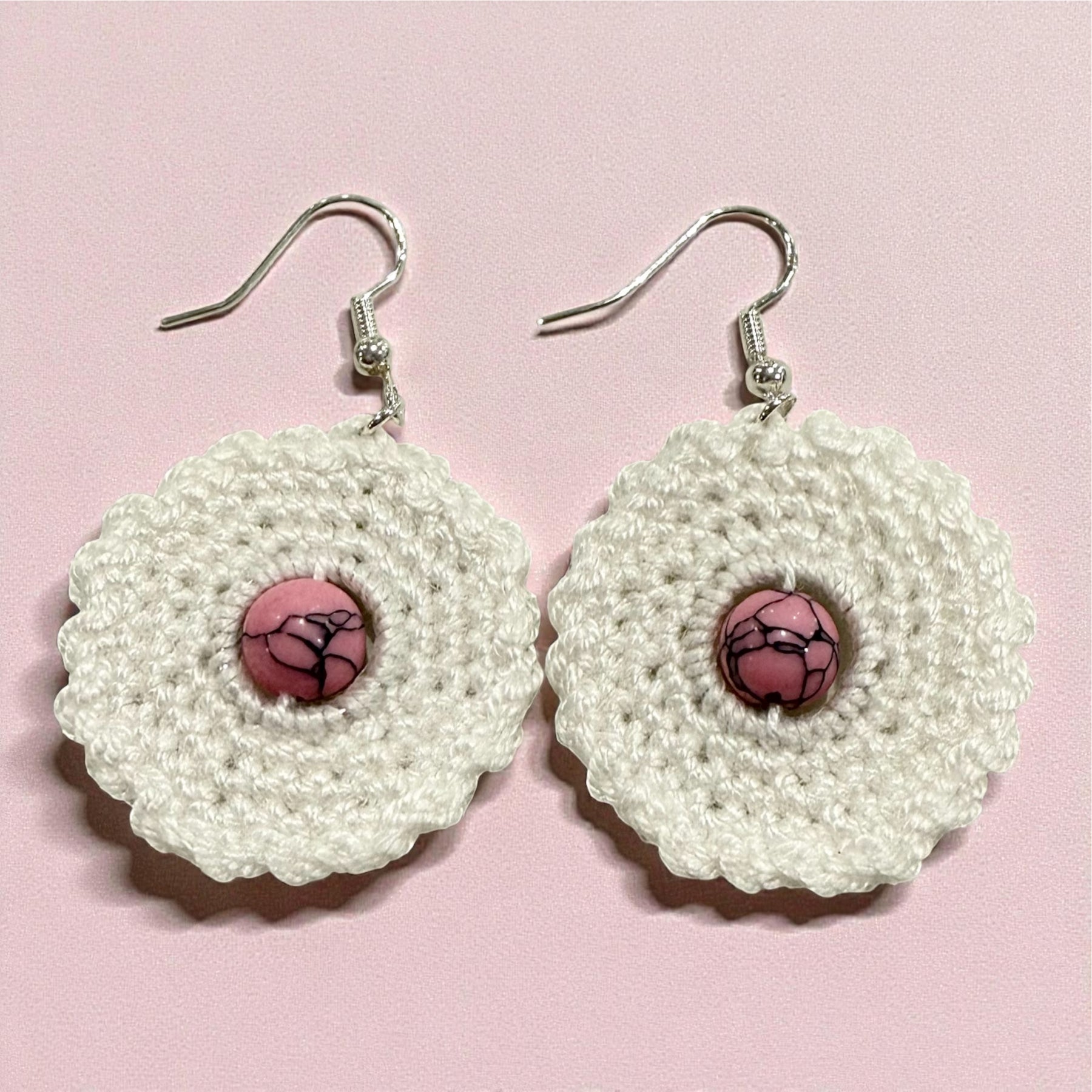 Crochet Earrings - White with Pink Turquoise Beads