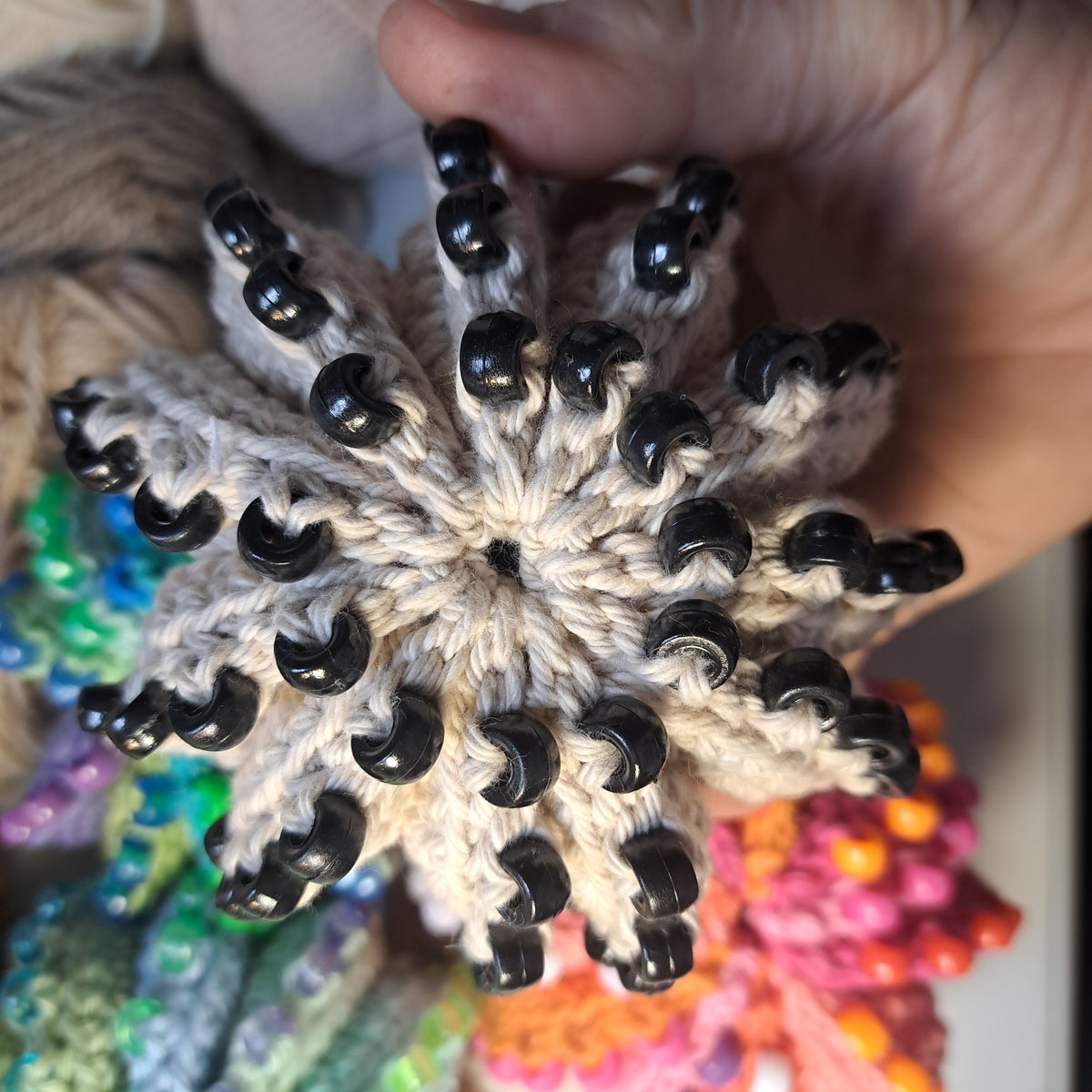 Handmade Crochet fidget stress ball beaded natural and black