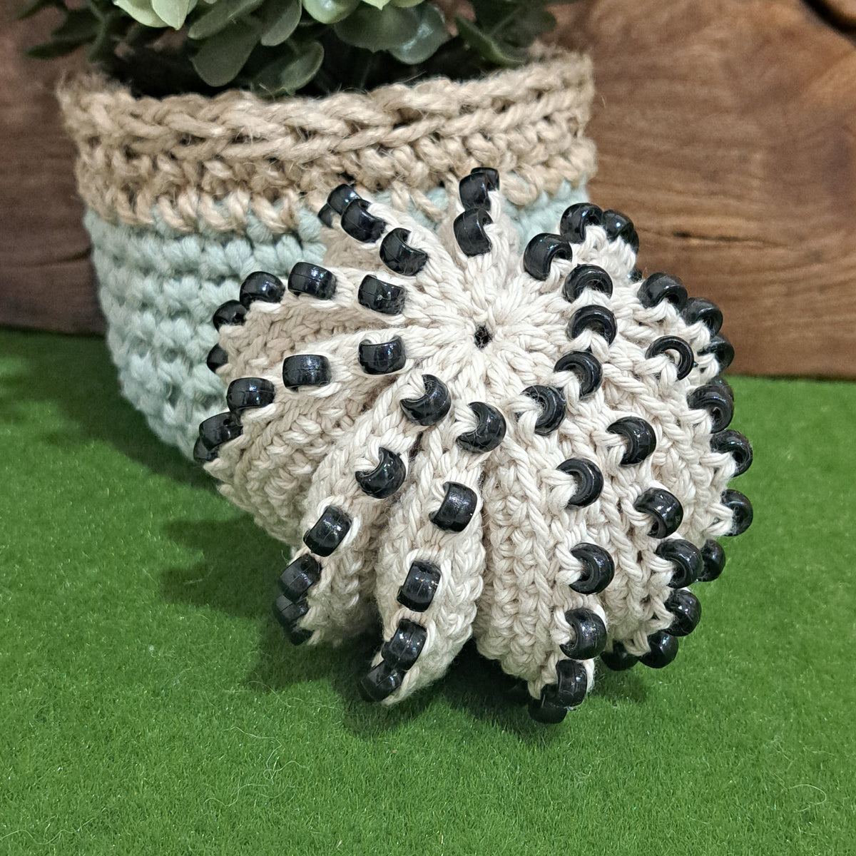 Handmade Crochet fidget stress ball beaded natural and black