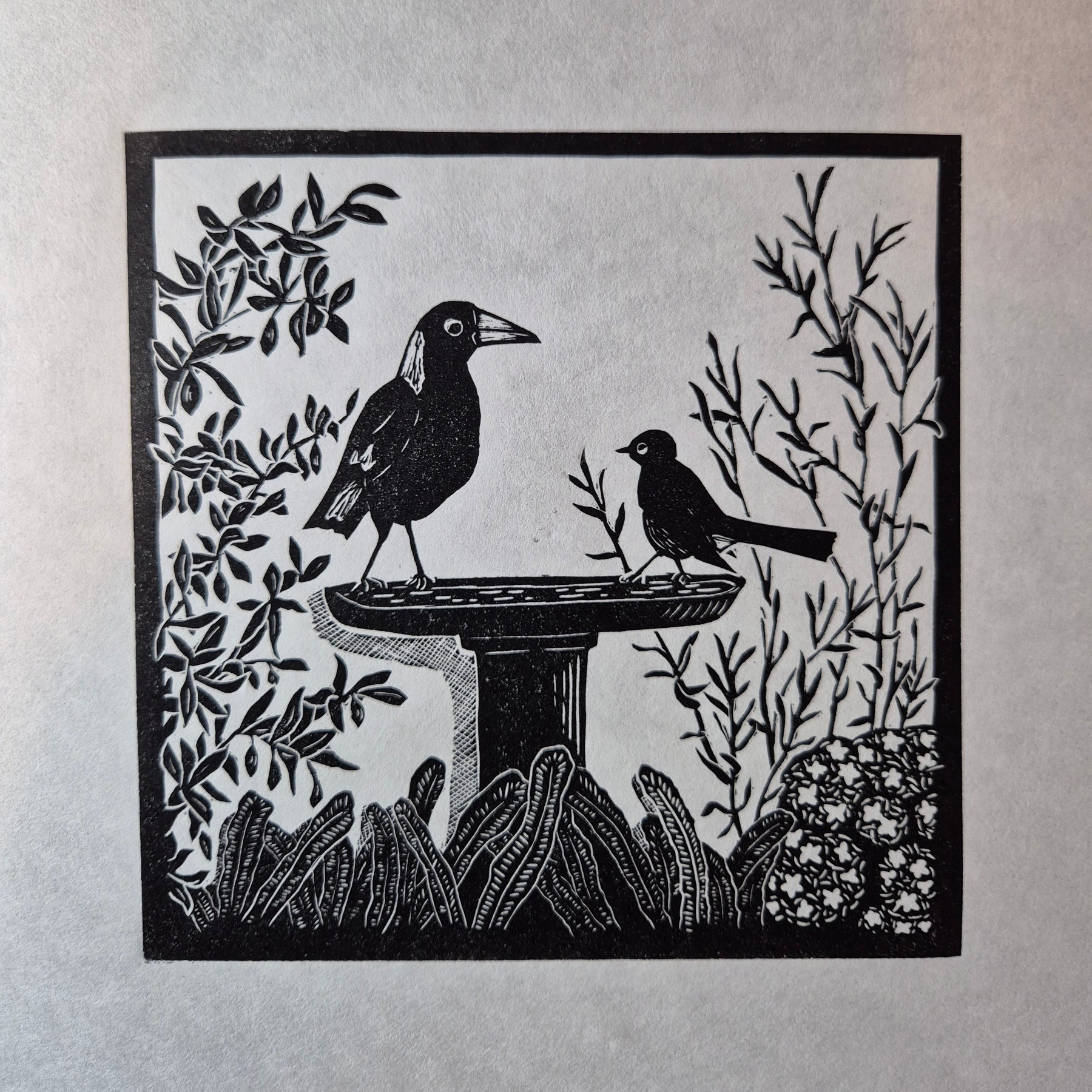Original linocut artwork birds on birdbath title Disputed Territory