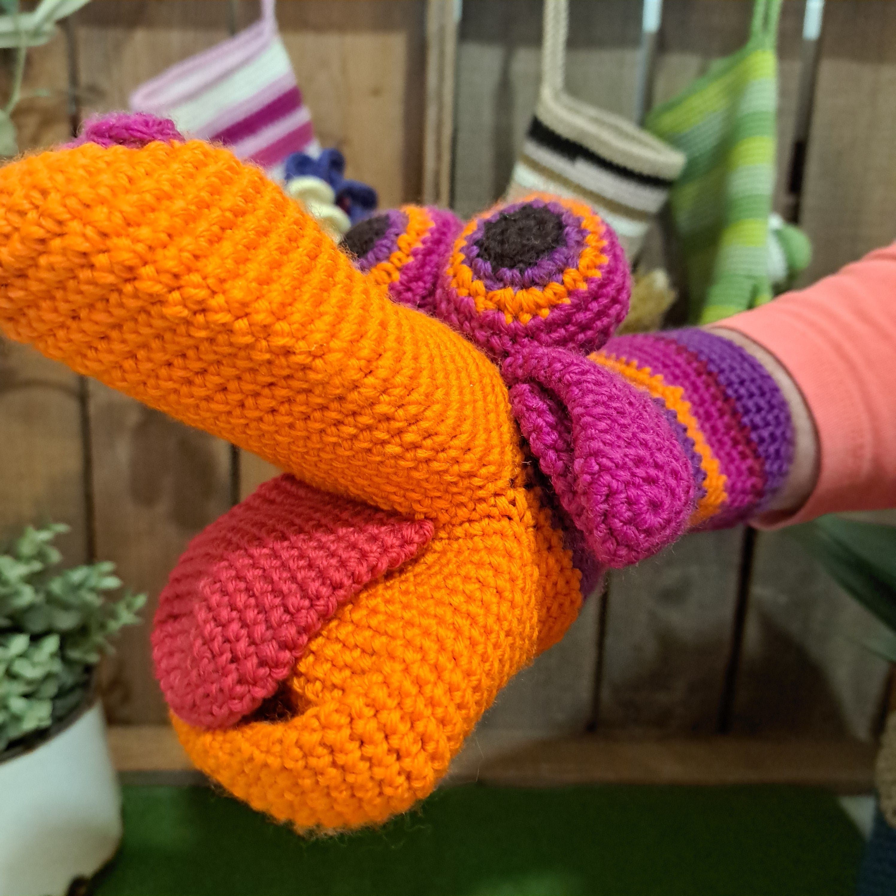 Handmade Crochet hand puppet orange and purple Australian wool