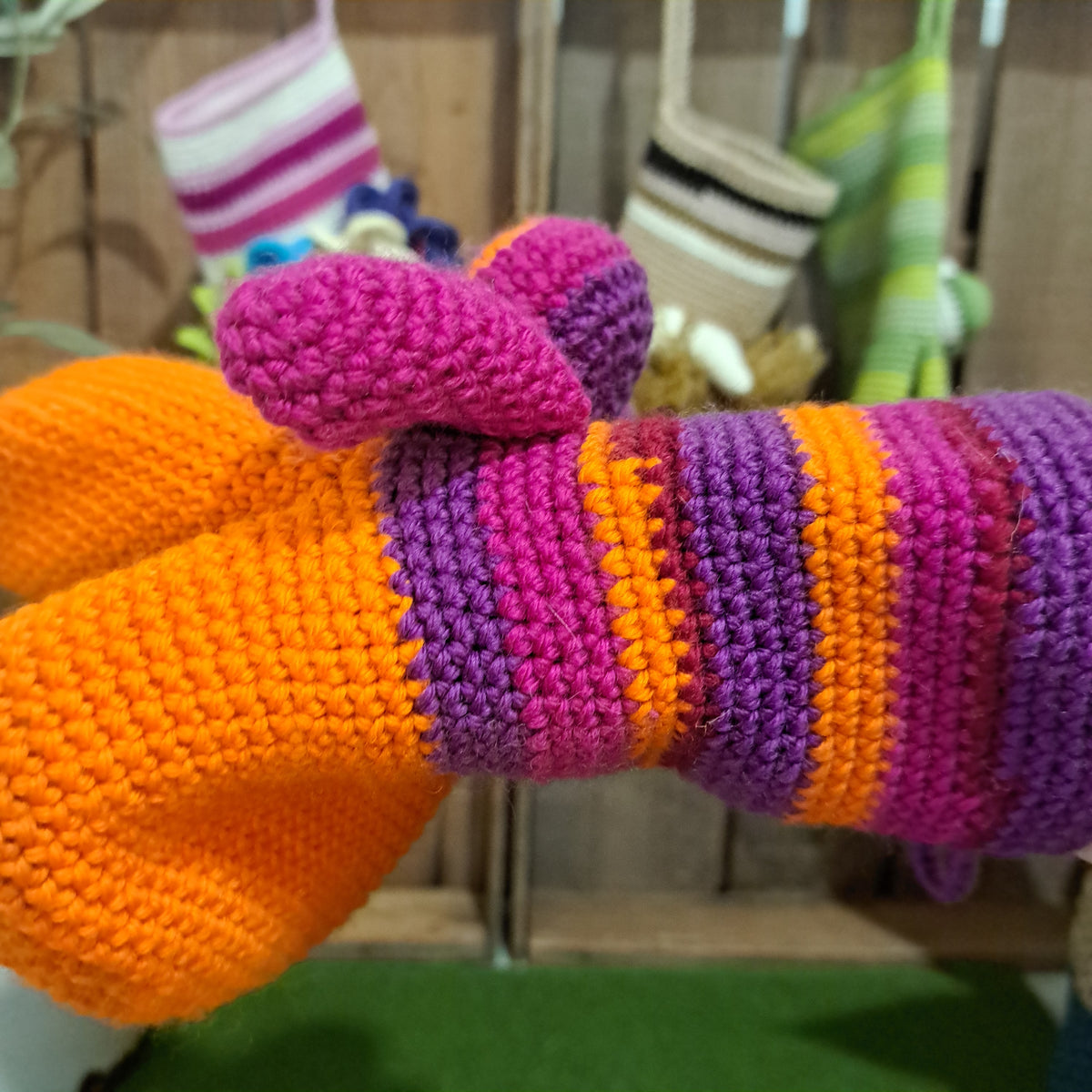 Handmade Crochet hand puppet orange and purple Australian wool