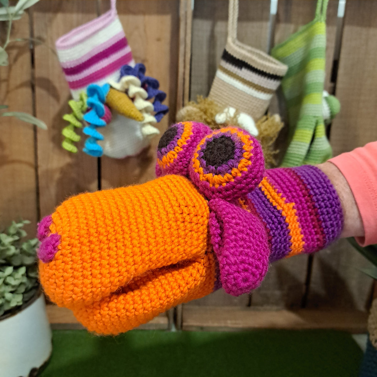 Handmade Crochet hand puppet orange and purple Australian wool