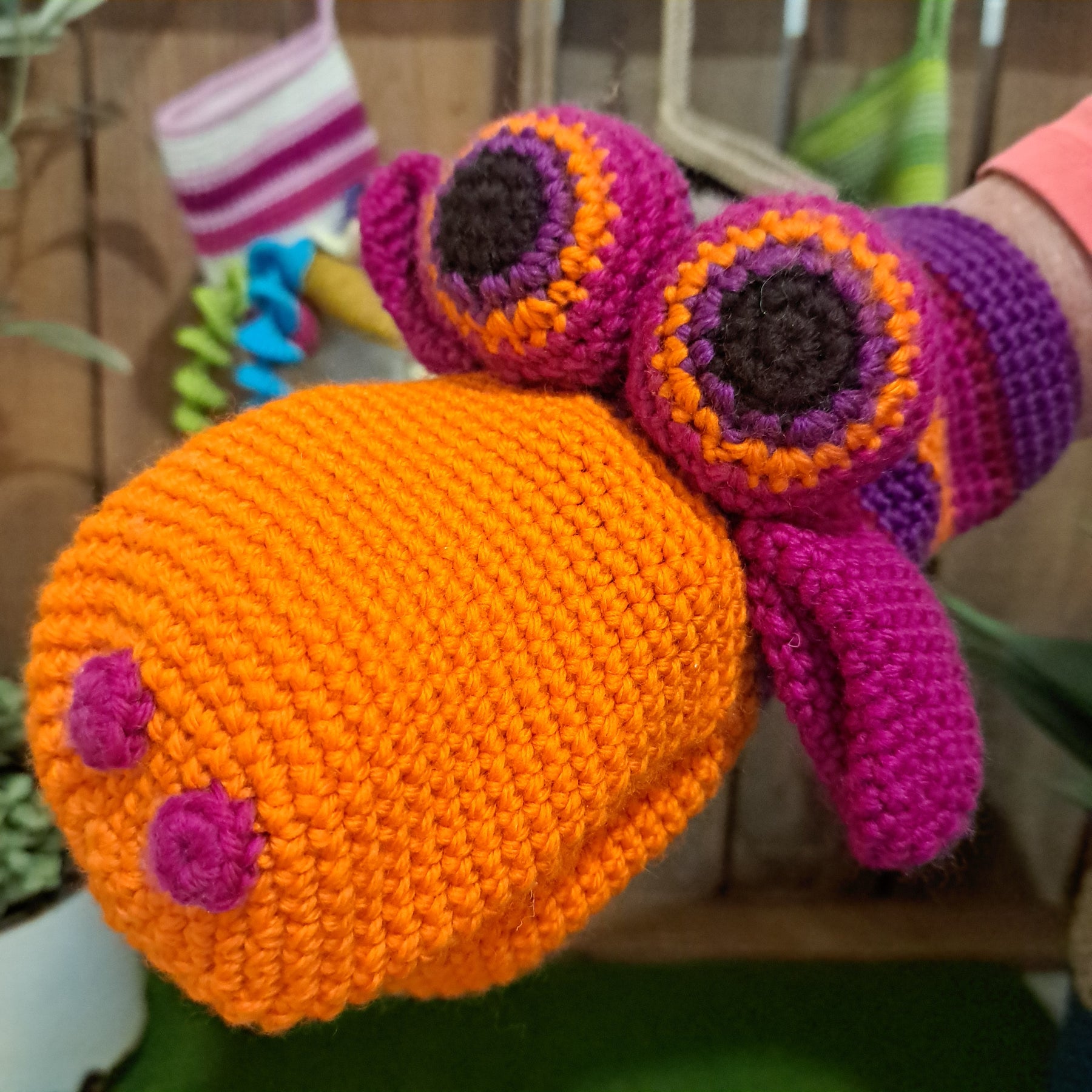 Handmade Crochet hand puppet orange and purple Australian wool