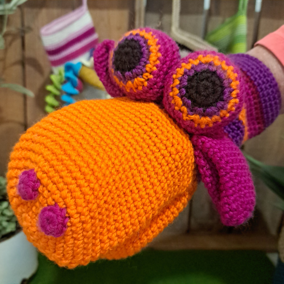 Handmade Crochet hand puppet orange and purple Australian wool