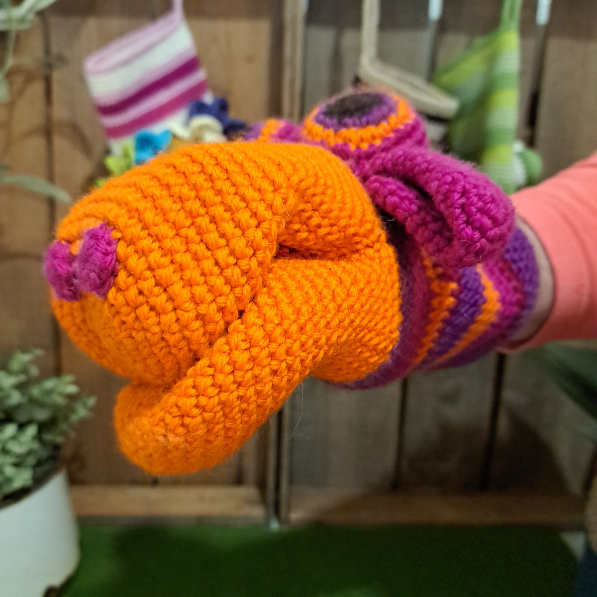 Handmade Crochet hand puppet orange and purple Australian wool