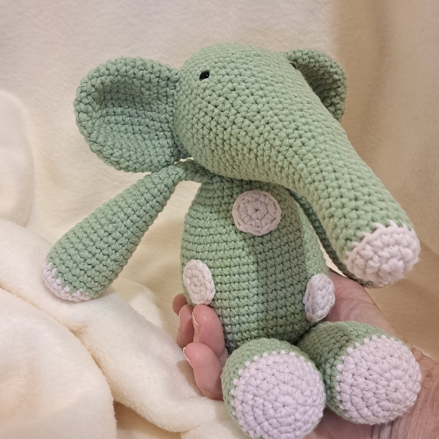 Handmade Crochet toy elephant mint green white spots