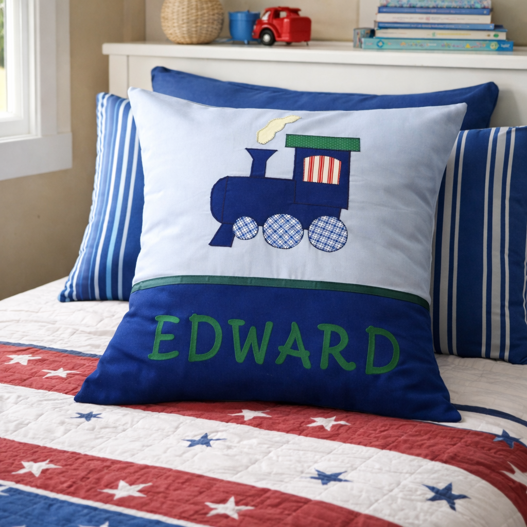 Personalised Kids Cushion | Custom Name Pillow | Handmade Applique Cushion | Nursery Decor - Train
