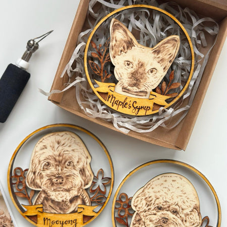 Custom Pet Portrait on Wood Layered Magnet Display – Handmade Pyrography Art