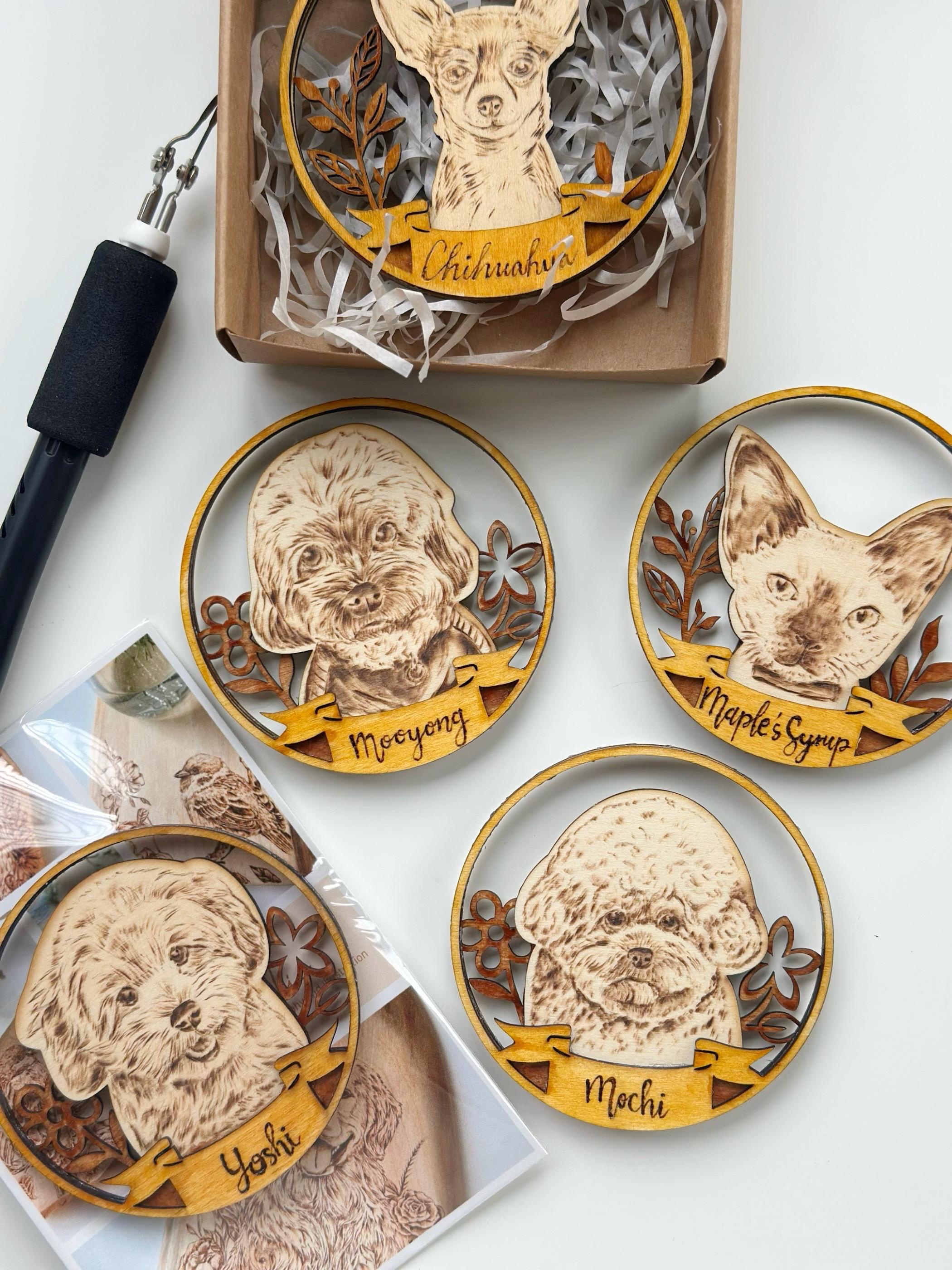 Custom Pet Portrait on Wood Layered Magnet Display – Handmade Pyrography Art