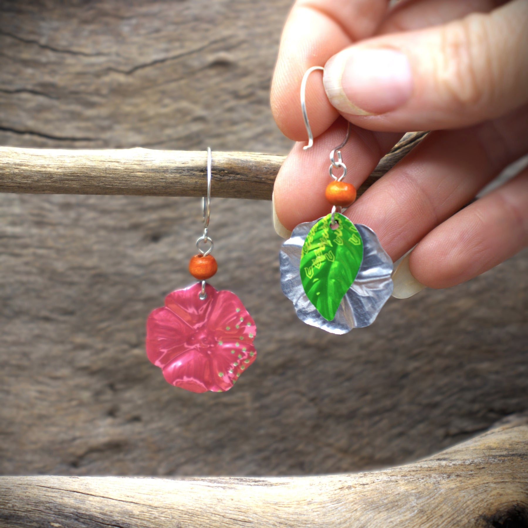 Hibiscus Earrings | upcycled drink cans