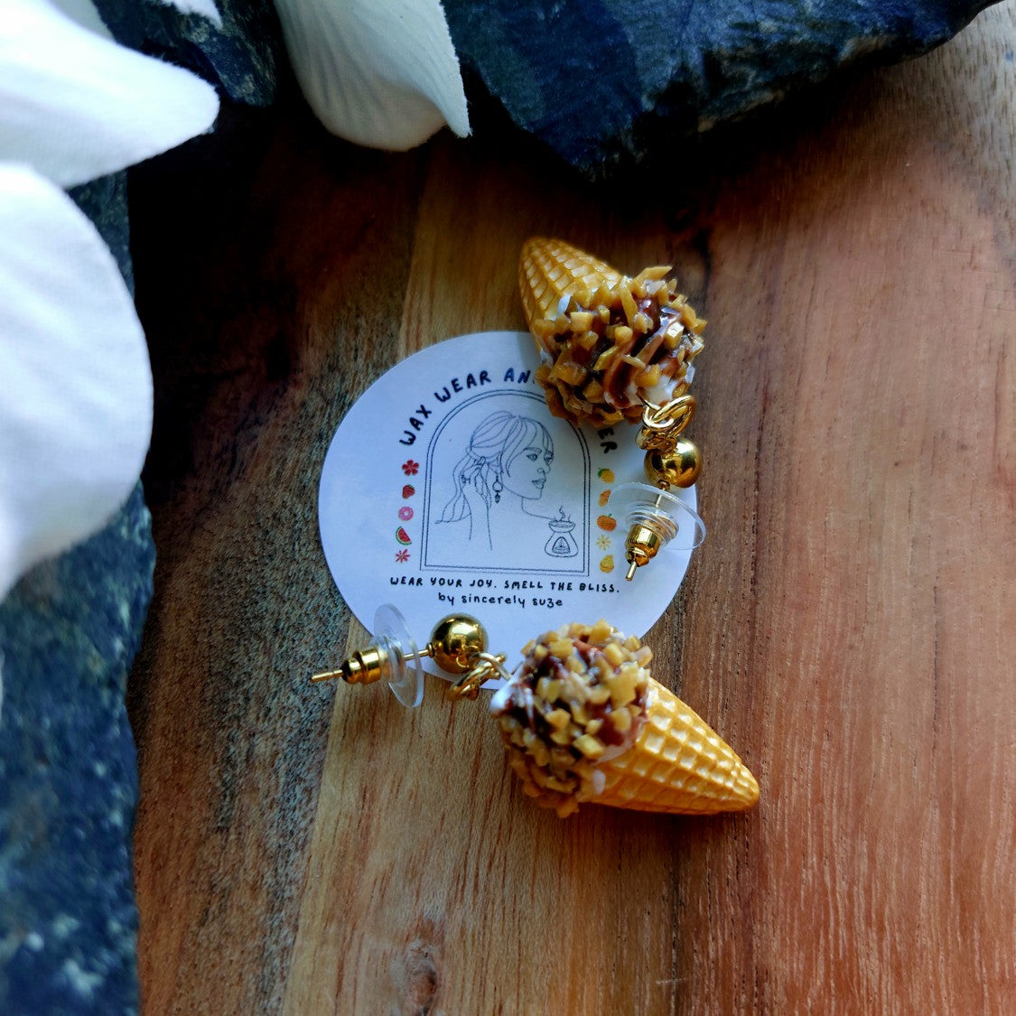 Vanilla Choc Top Earrings | Gold Ball Stud Statement Earrings | Food Inspired