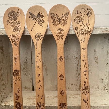 Pyrography beech wood cooking spoon