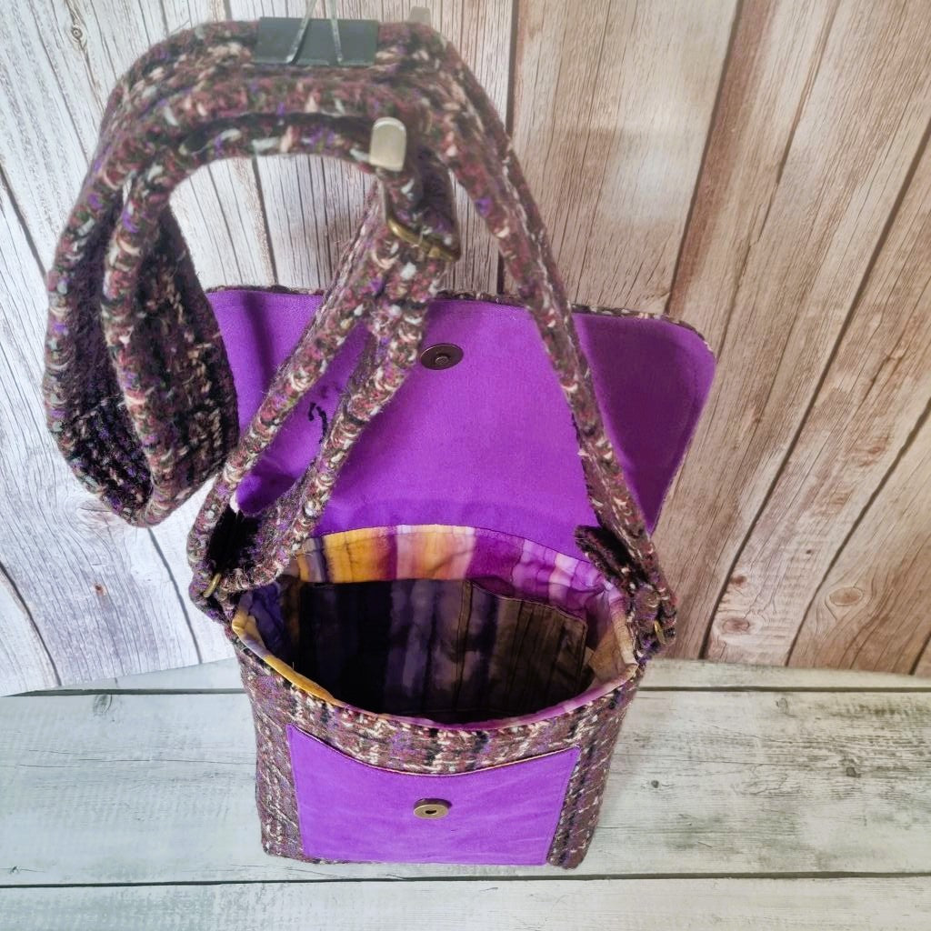 Upcycled crossbody messenger bag - brown & purple