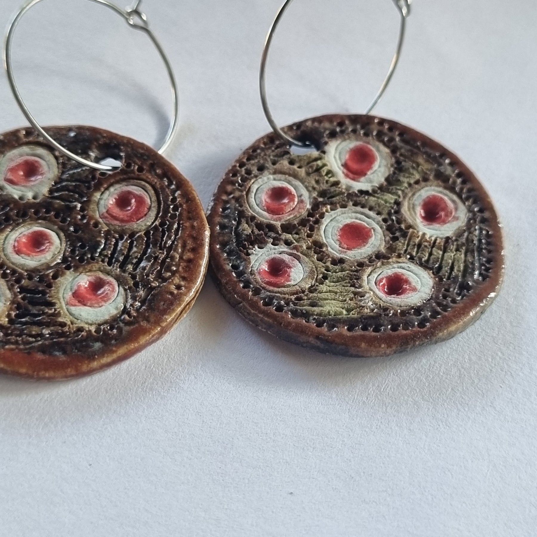 Handmade Stoneware Ceramic Earrings, brown-white-pink multi-coloured, 35mm diameter, pierced ears