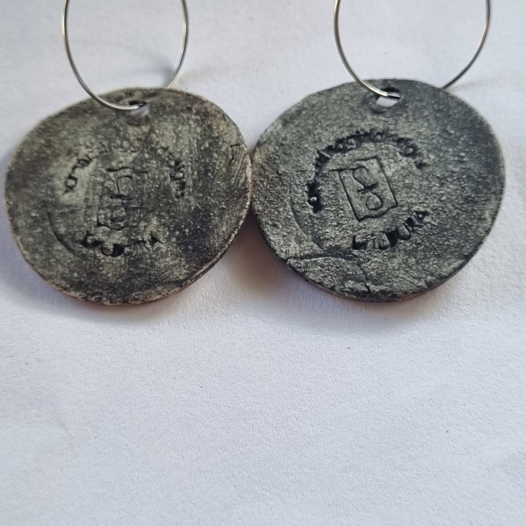 Handmade Stoneware Ceramic Earrings, brown-white-pink multi-coloured, 35mm diameter, pierced ears