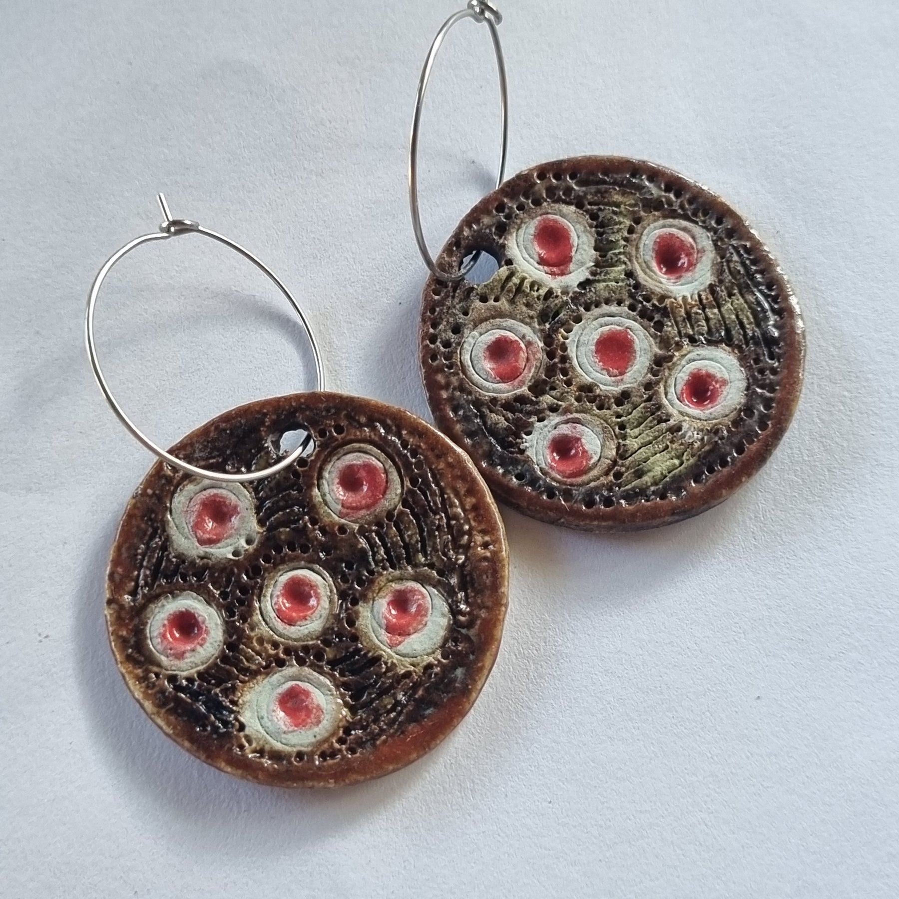 Handmade Stoneware Ceramic Earrings, brown-white-pink multi-coloured, 35mm diameter, pierced ears