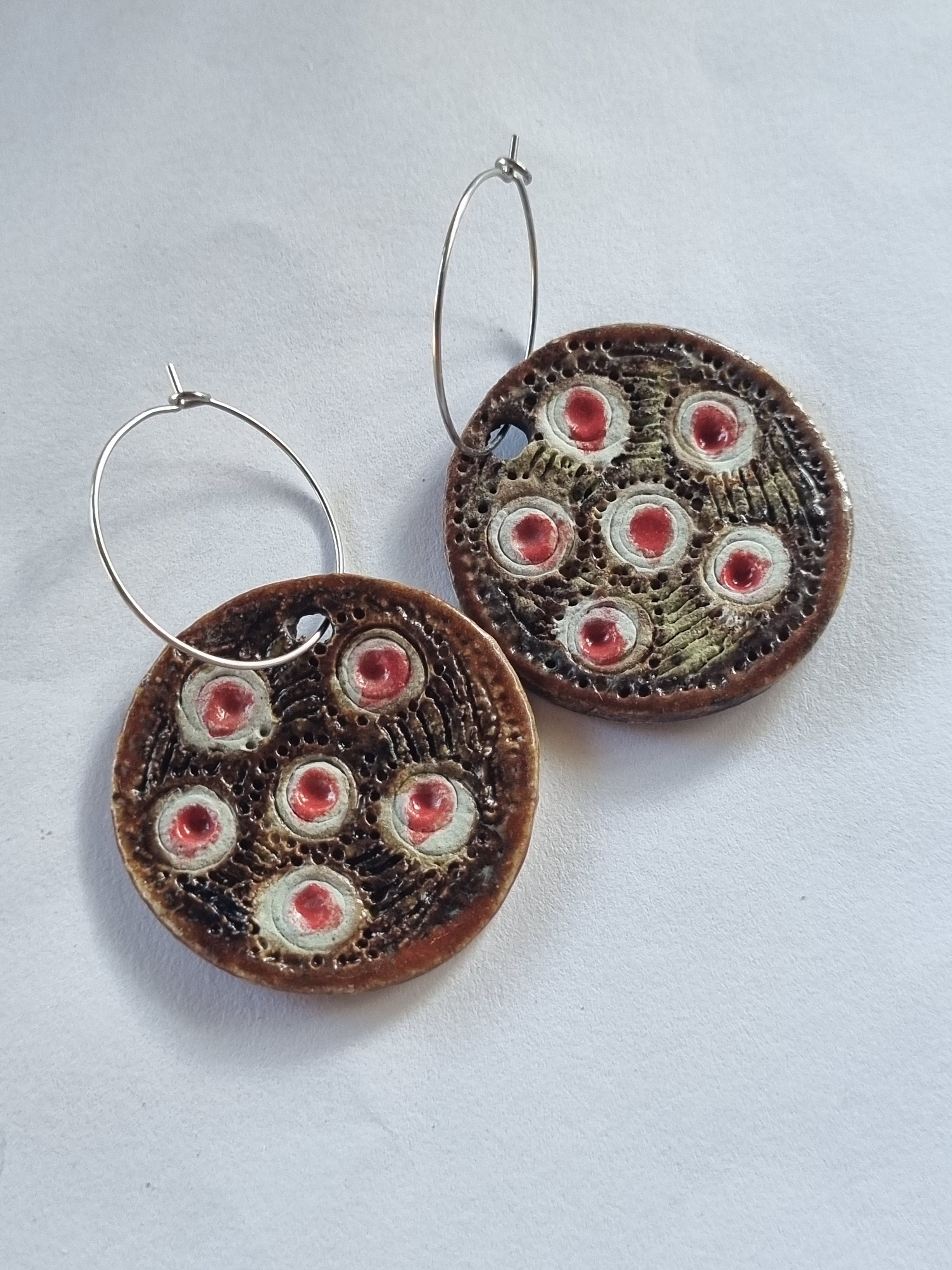 Handmade Stoneware Ceramic Earrings, brown-white-pink multi-coloured, 35mm diameter, pierced ears