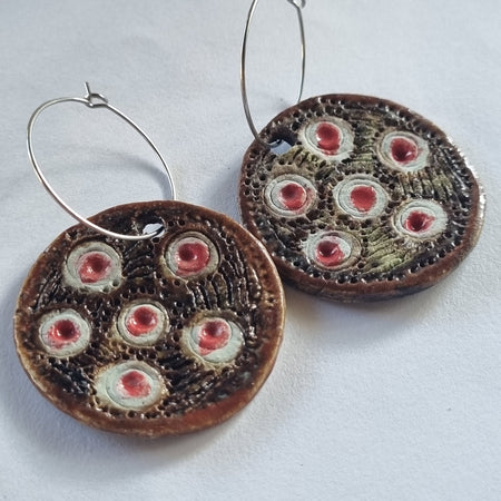 Handmade Stoneware Ceramic Earrings, brown-white-pink multi-coloured, 35mm diameter, pierced ears