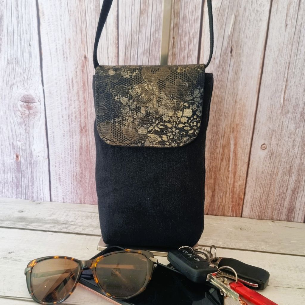 Upcycled handmade medium phone messenger bag - black denim & vintage gold lacy pattern