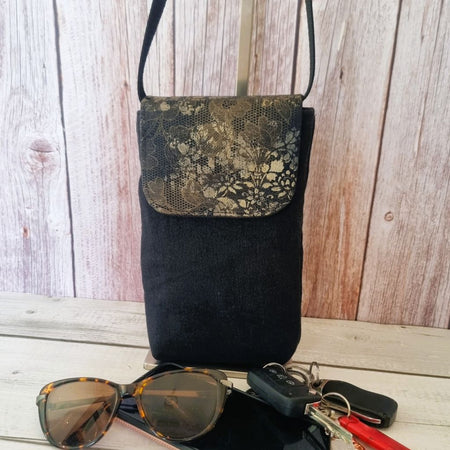 Upcycled handmade medium phone messenger bag - black denim & vintage gold lacy pattern