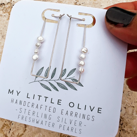 Rectangular Hooped Pearl Earrings Sterling Silver