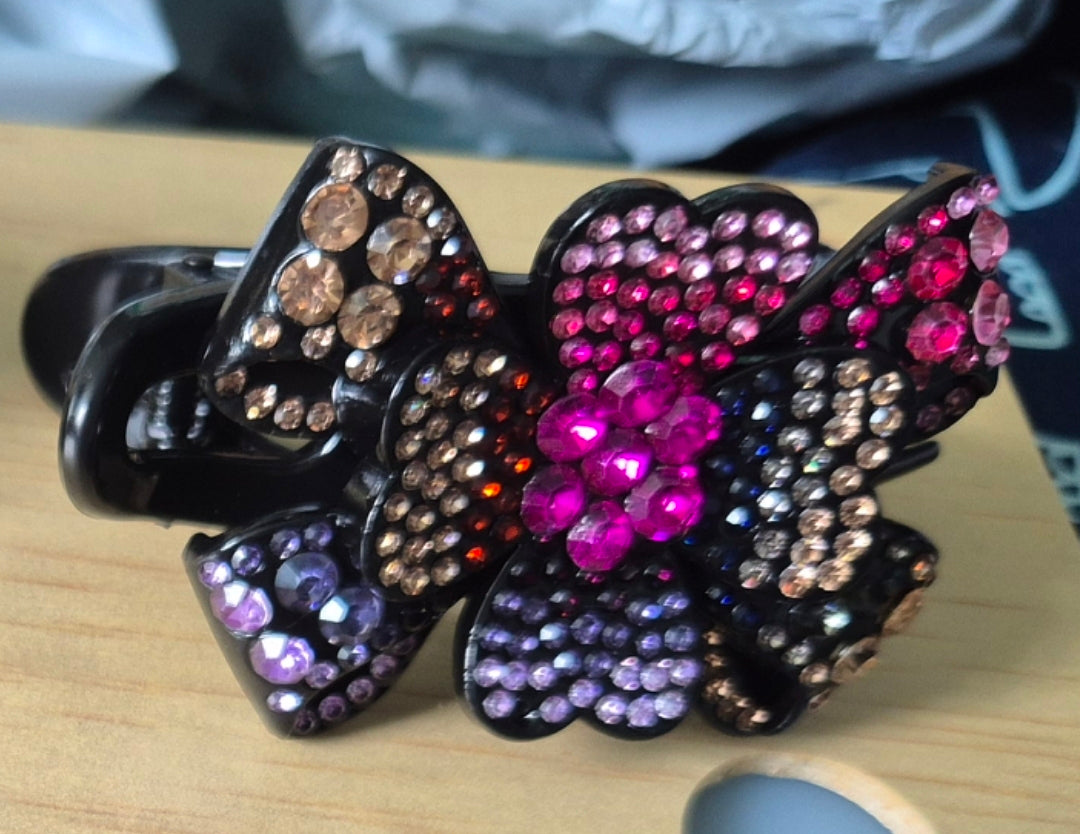 Handmade - Rhinestone Bow & Flower Hair Clip