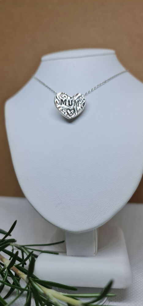 Handmade Fine Silver Mum Heart Textured Pendant
