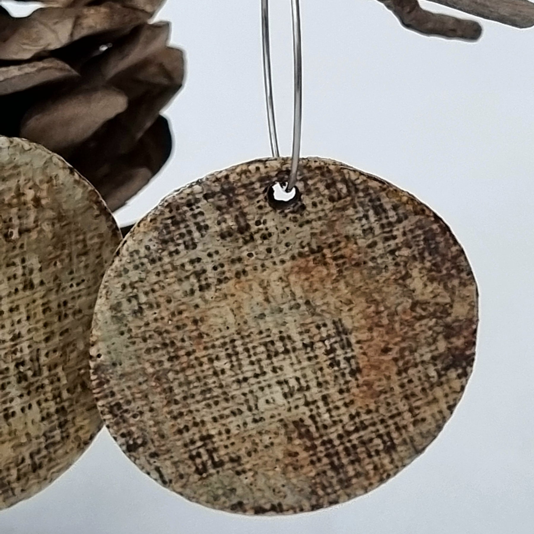 Handmade Stoneware Ceramic Earrings, earthy tones multi-coloured, 35mm diameter, pierced ears