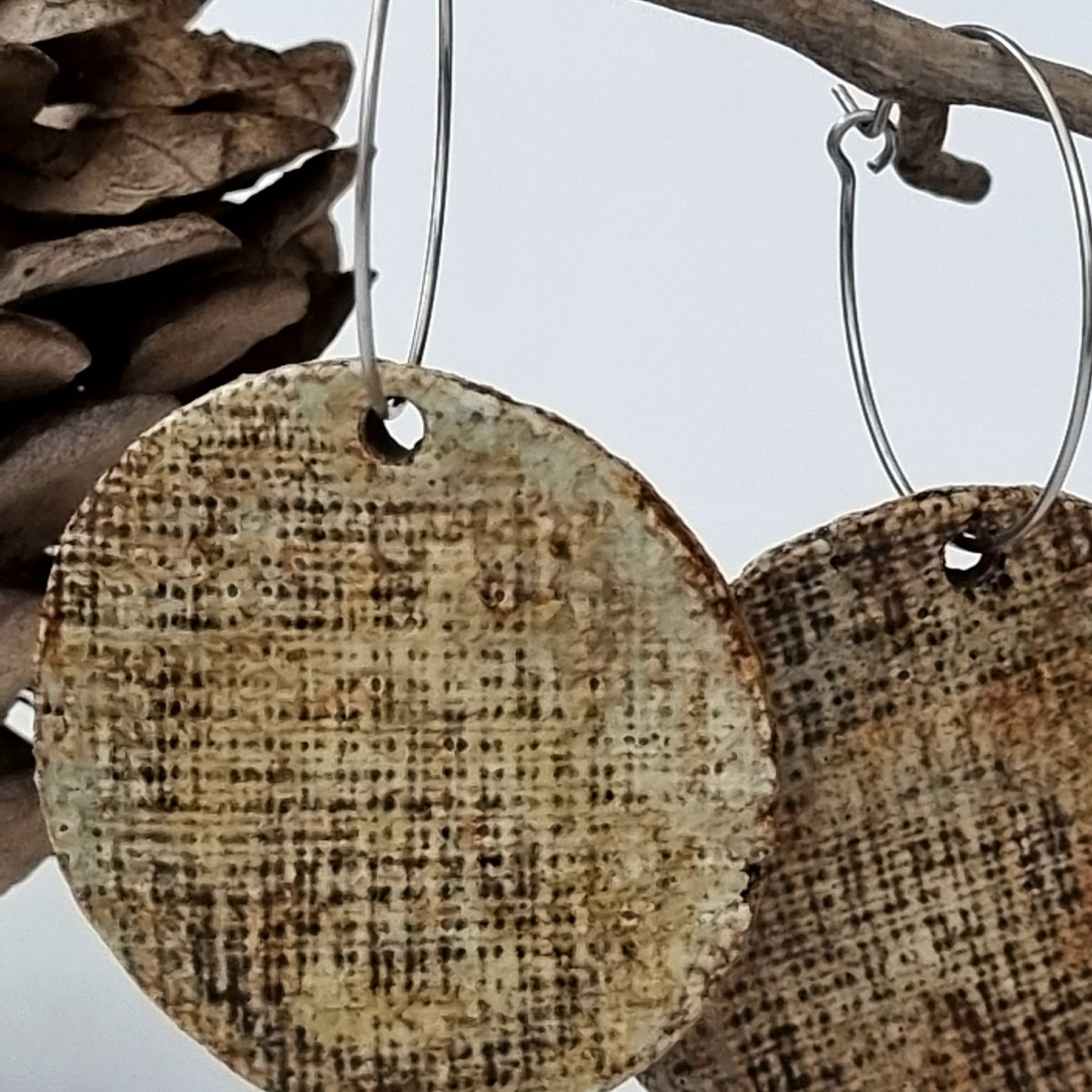 Handmade Stoneware Ceramic Earrings, earthy tones multi-coloured, 35mm diameter, pierced ears