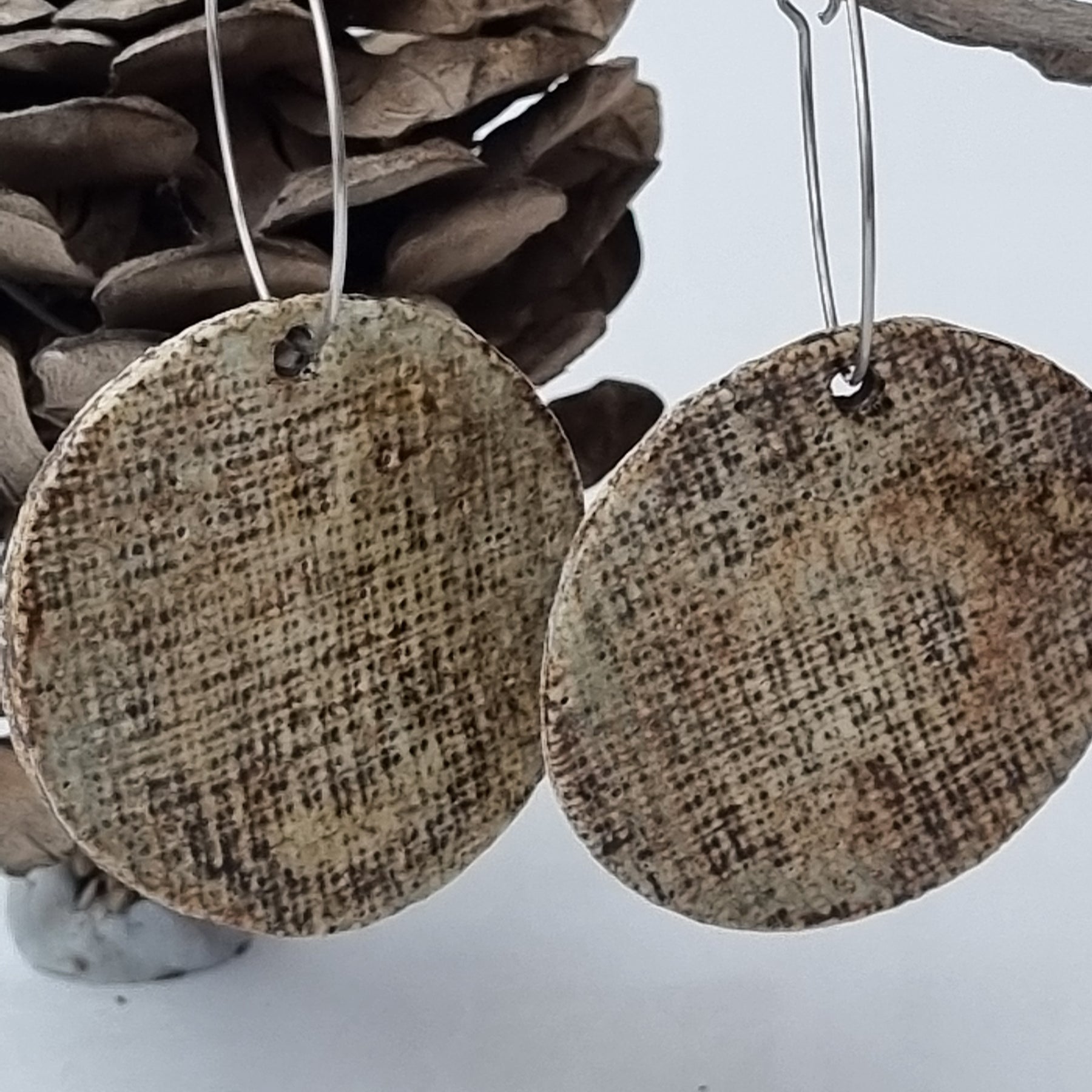 Handmade Stoneware Ceramic Earrings, earthy tones multi-coloured, 35mm diameter, pierced ears