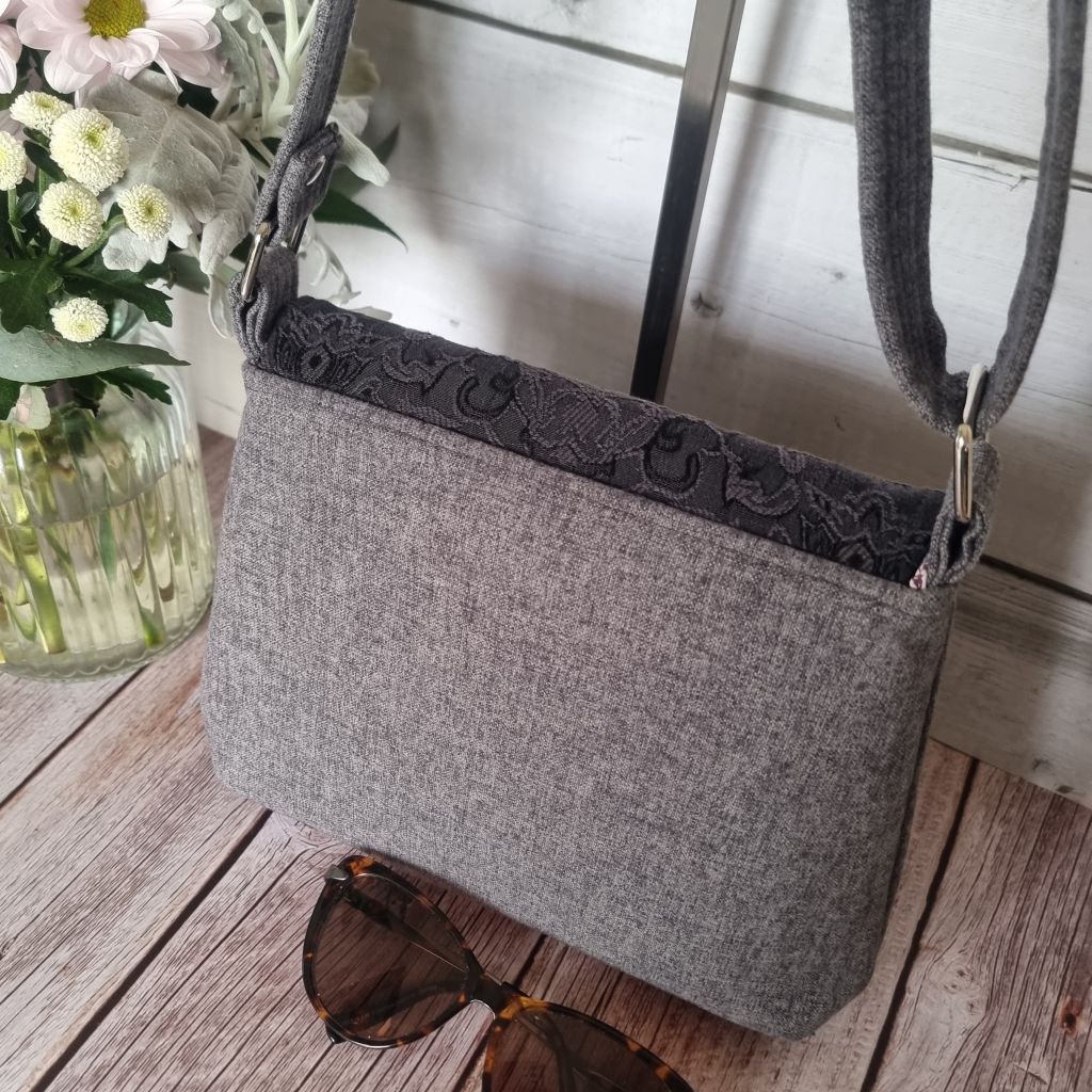 Upcycled small messenger bag - grey & black filigree pattern