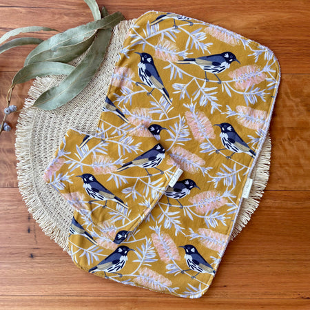 Baby Bib and Burp Cloth Set | Yellow Birds and Banksias | Ready to Ship