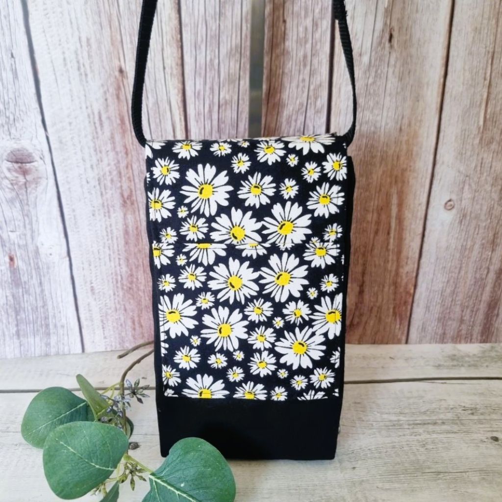 Upcycled handmade medium phone messenger bag - black & white daisies
