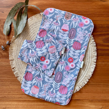 Baby Bib and Burp Cloth Set | Blue Banksias | Ready to Ship