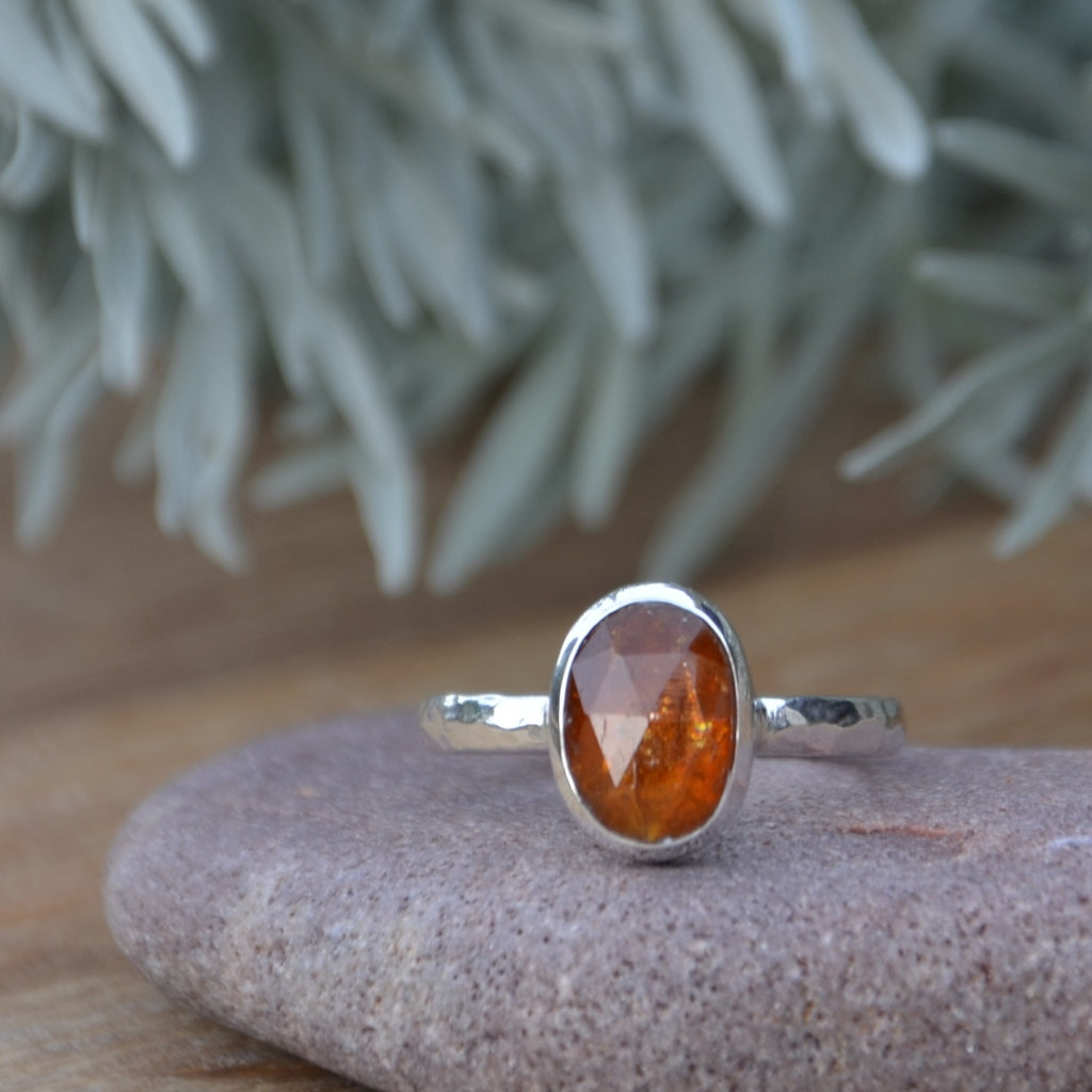 Orange Kyanite Hammered Silver Ring UK Size P