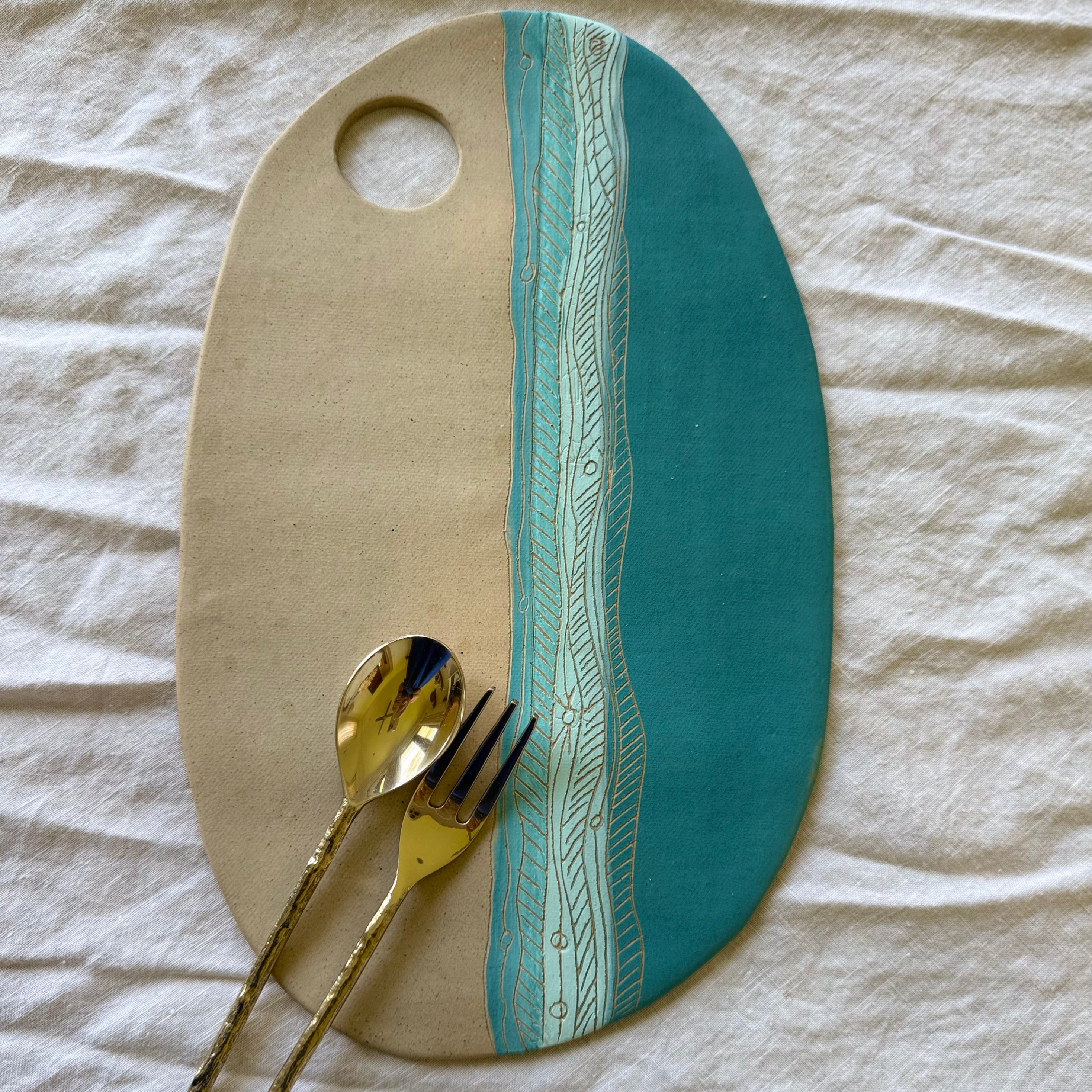Handmade Ceramic Charcuterie Board + Leather Snap | Tides | Coastal Pottery