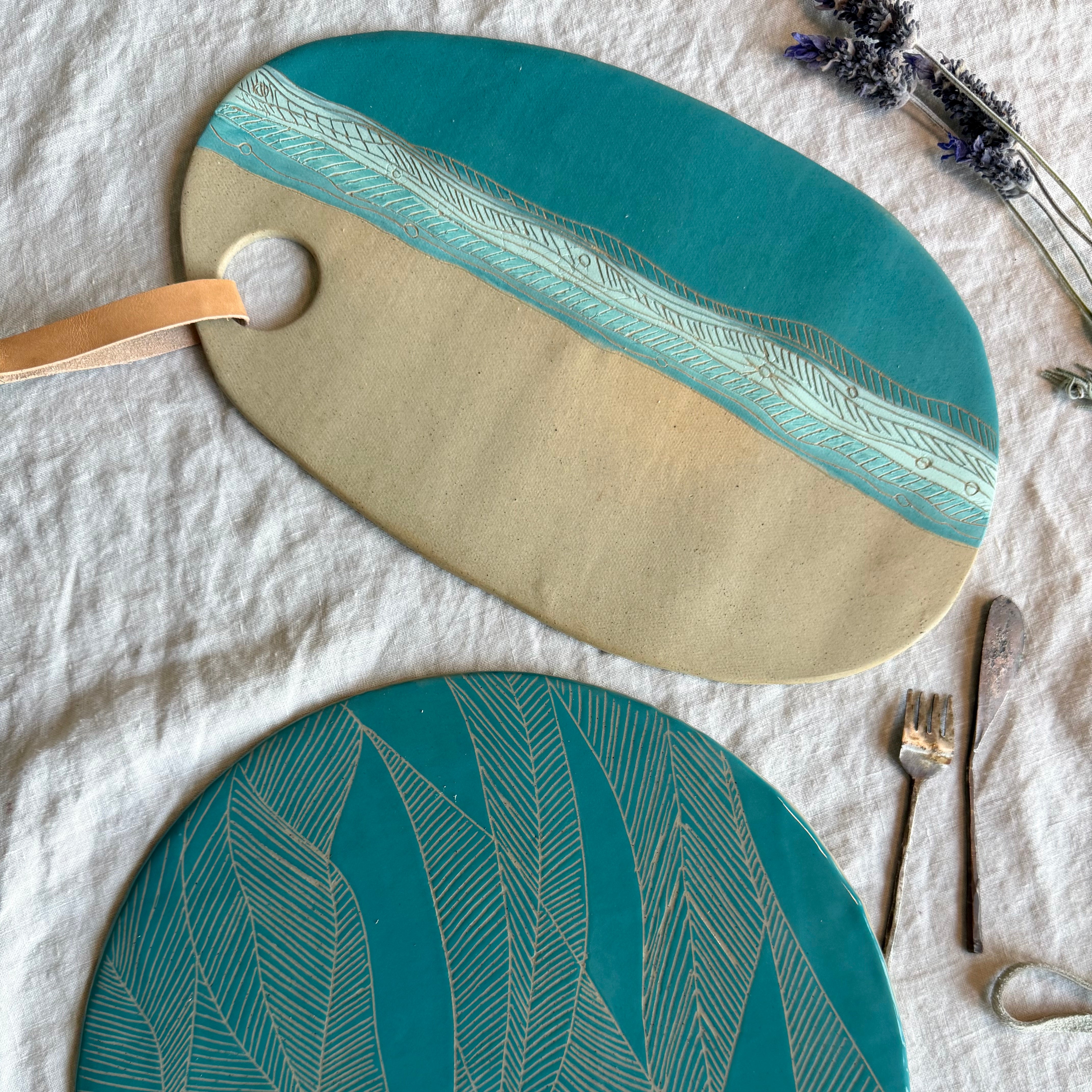 Handmade Ceramic Charcuterie Board + Leather Snap | Tides | Coastal Pottery