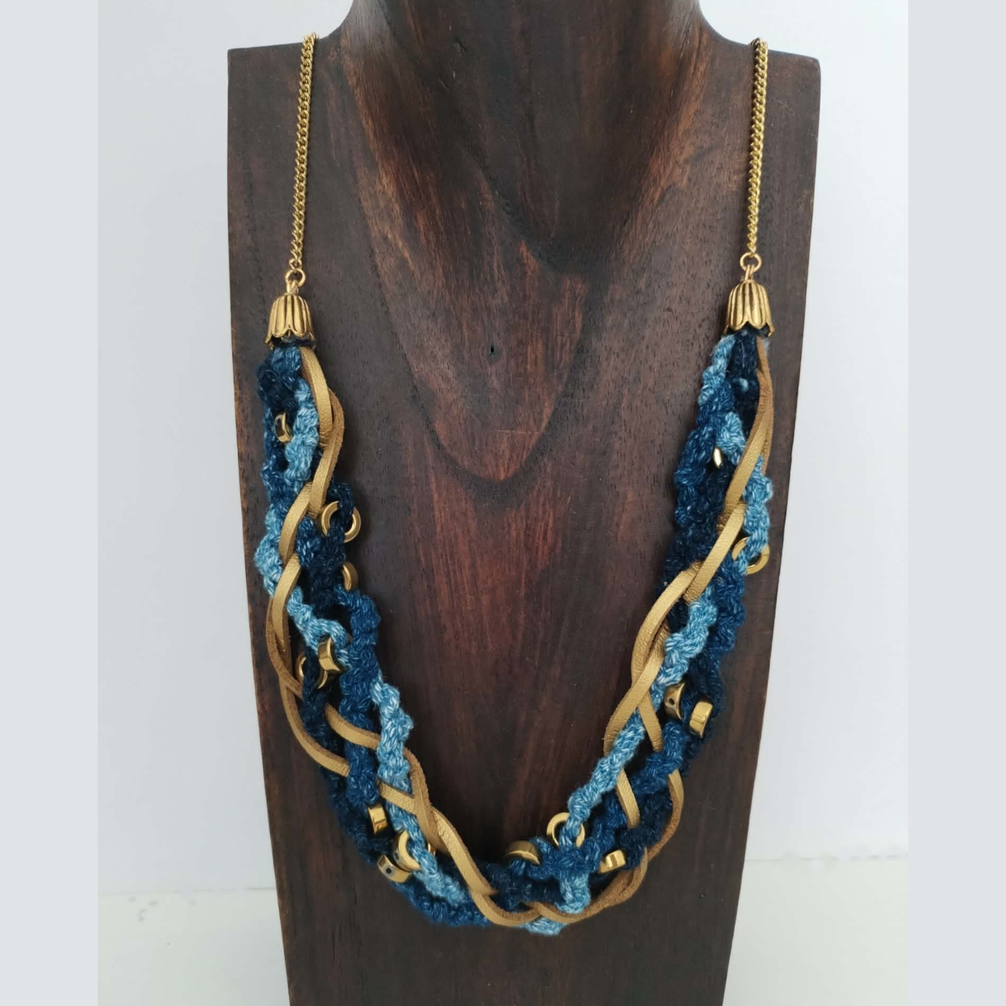 "Garden" - Denim, Leather and Golden Hematite Necklace