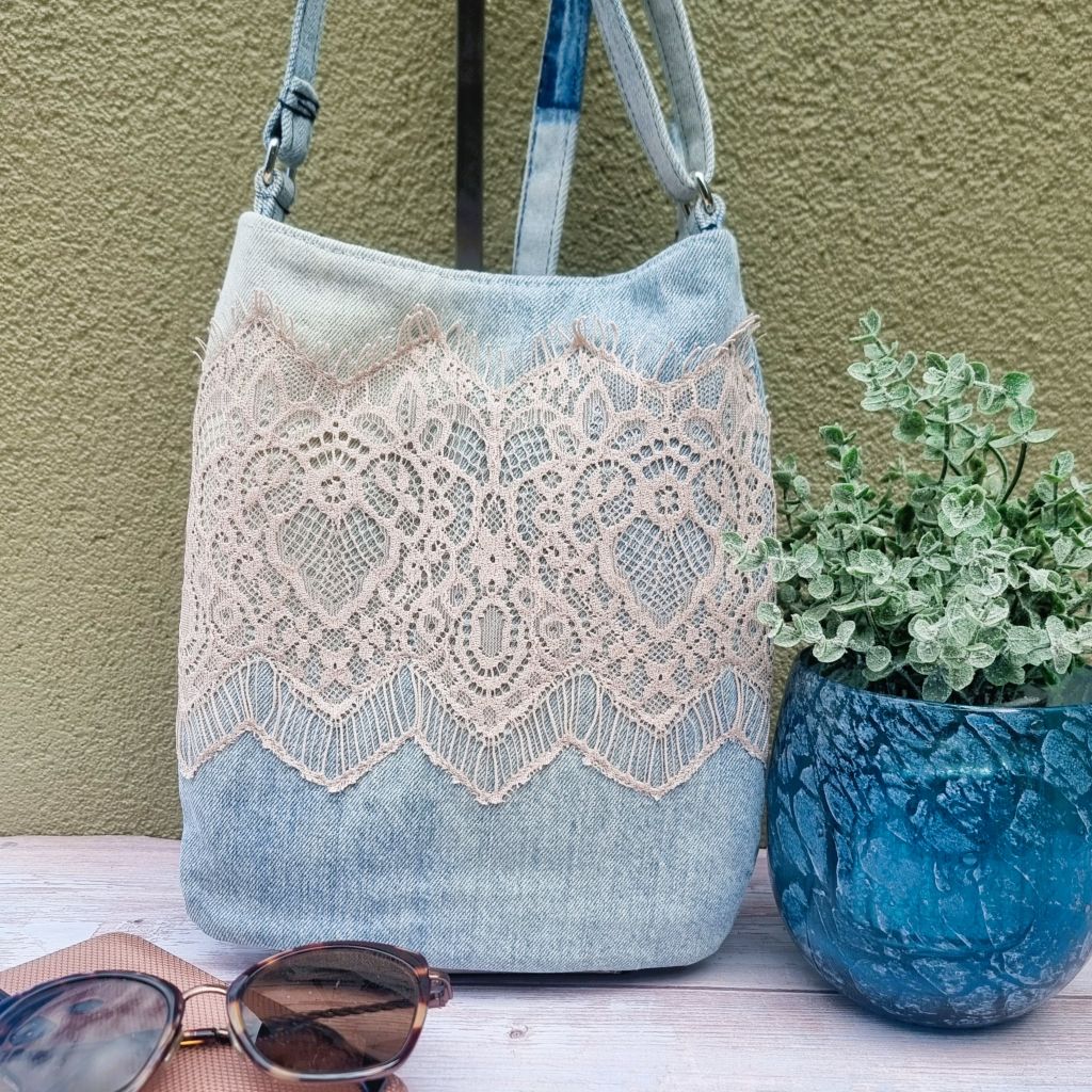 Upcycled small crossbody bag - pale blue denim & pink lace