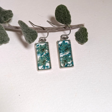 Rectangular silver earrings with teal Queen Anne's Lace