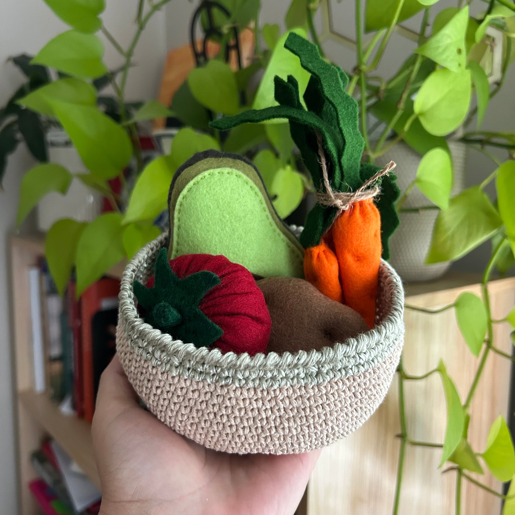 Veggies in a crochet basket (sage trim), felt play food, toddler gift value pack