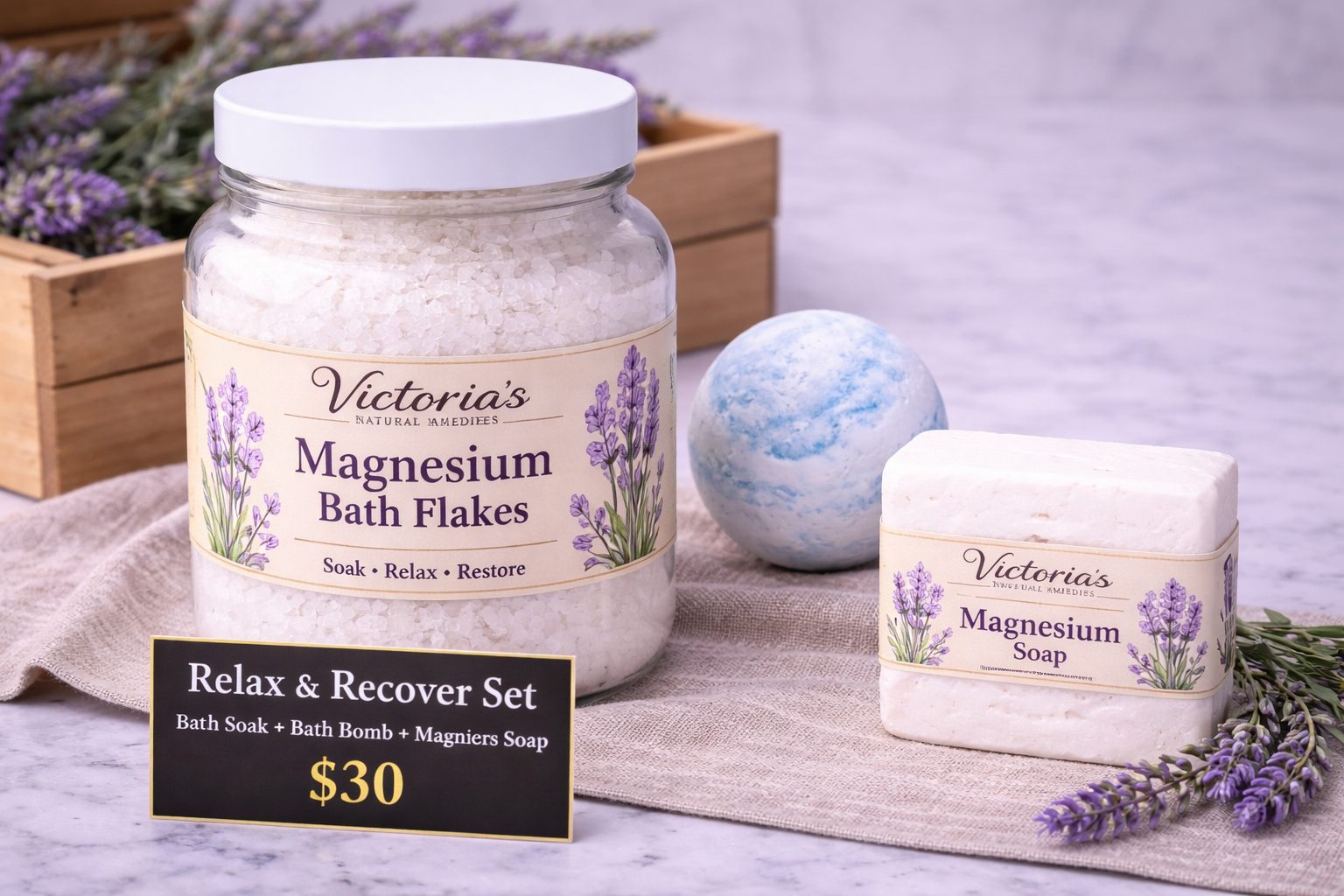 Relax & Recover Set | Magnesium Bath Flakes + Bath Bomb + Magnesium Soap | Self Care Gift Set