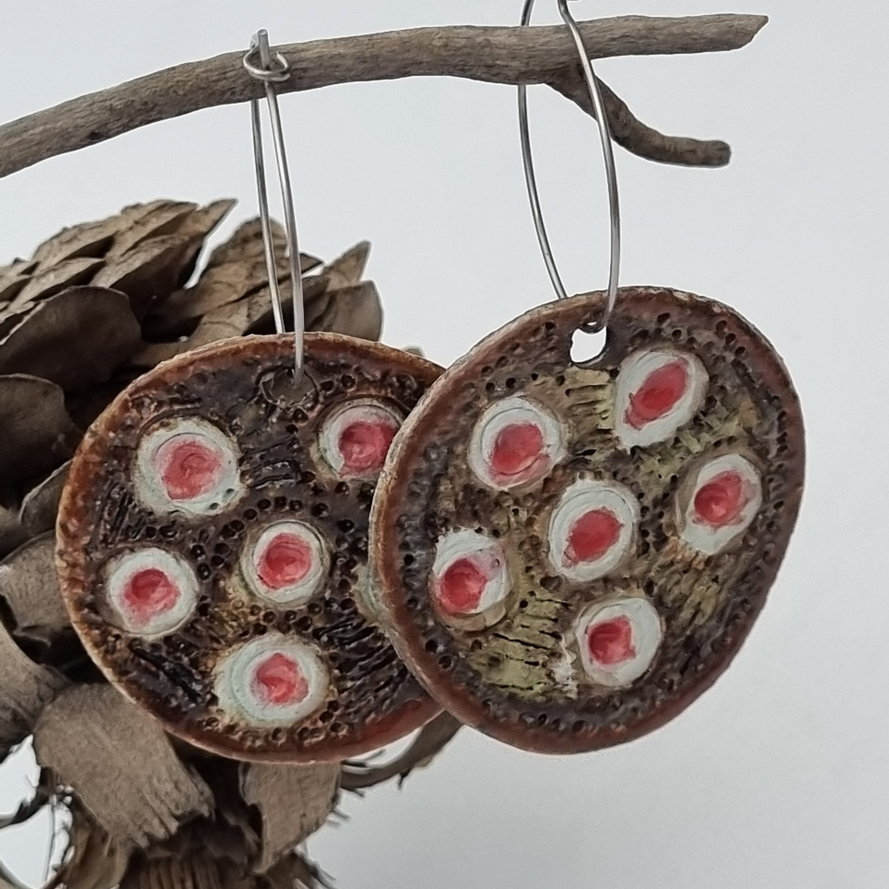 Handmade Stoneware Ceramic Earrings, brown-white-pink multi-coloured, 35mm diameter, pierced ears