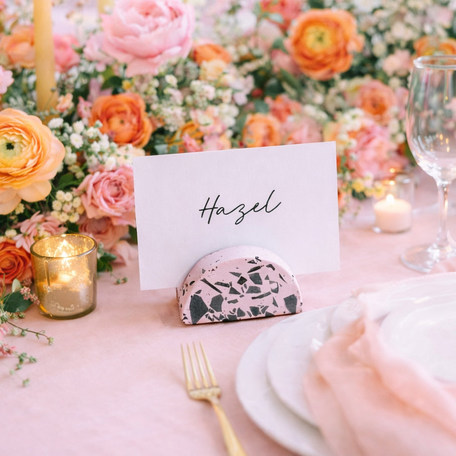 event name card holders, pink and black, business card holders