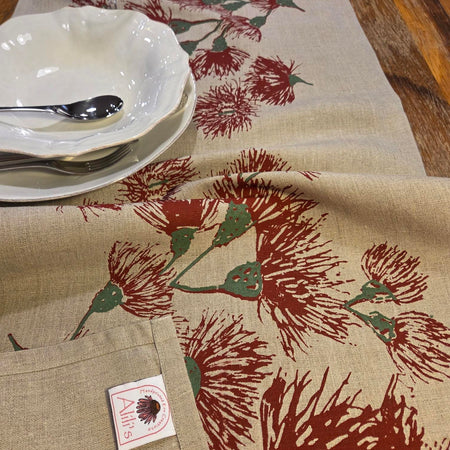 Hand Screen Printed Linen Table Runners-Eucalypt Festive Blossoms