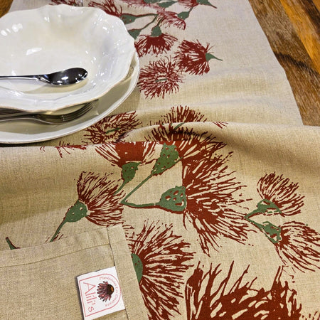 Hand Screen Printed Linen Table Runners-Eucalypt Festive Blossoms
