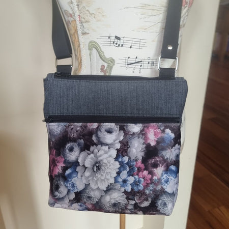Upcycled zipped crossbody bag - charcoal and dusky florals