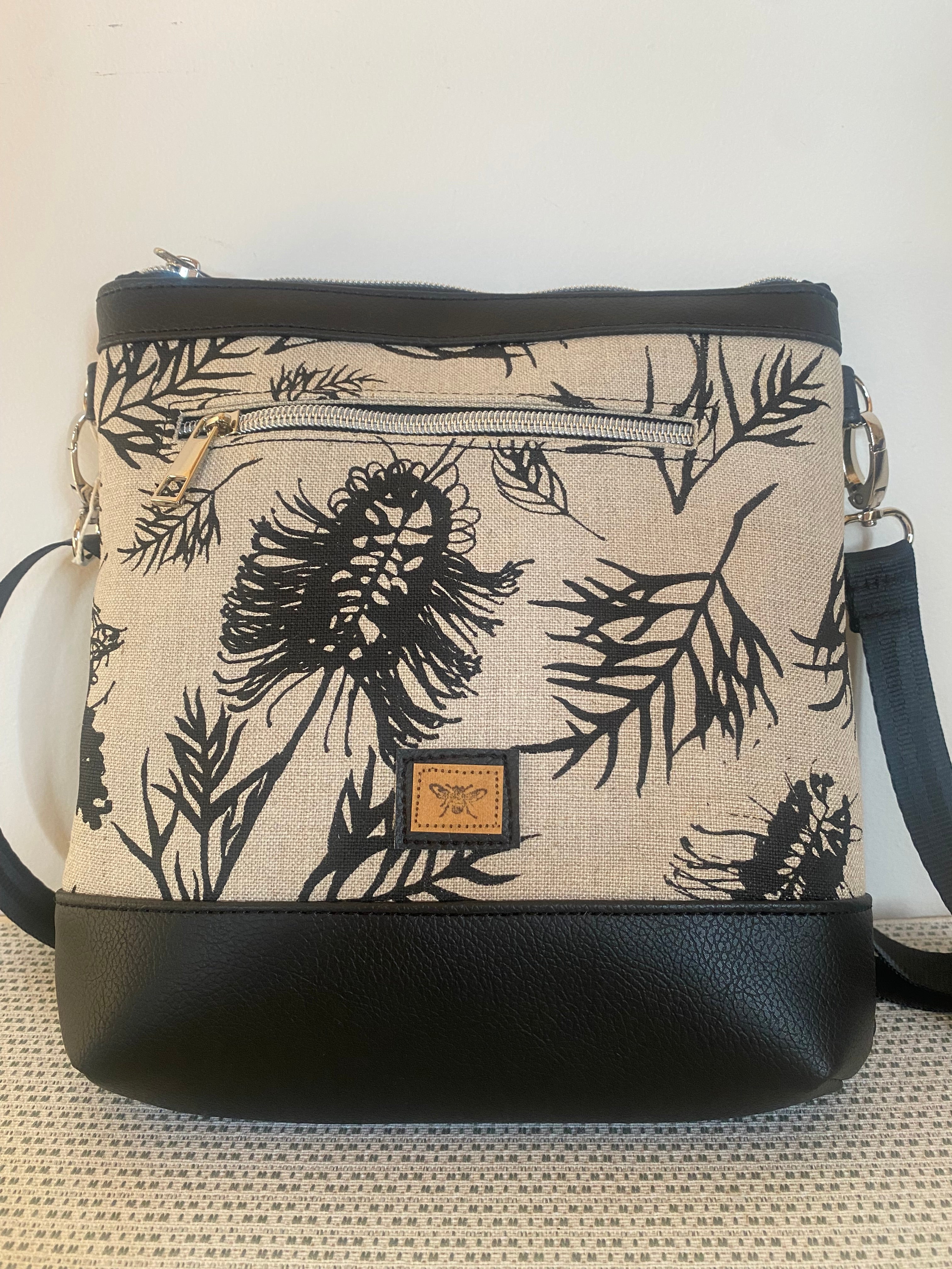 Mia Crossbody Bag - Black Grevilleas Screen Printed Linen with Black Faux Leather