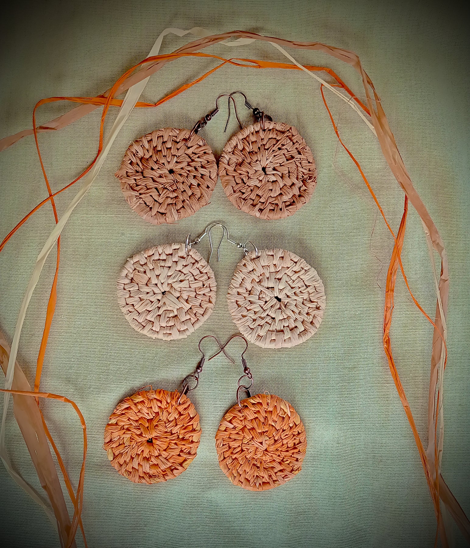 Woven Raffia Spiral Earrings, Various colours